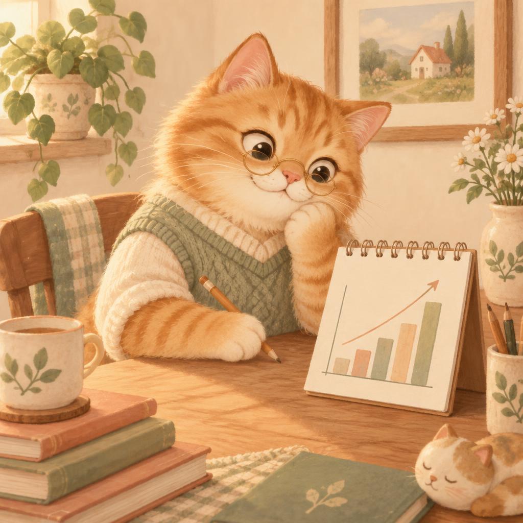 Faucat, a fluffy orange cat in glasses, studying a chart at his desk